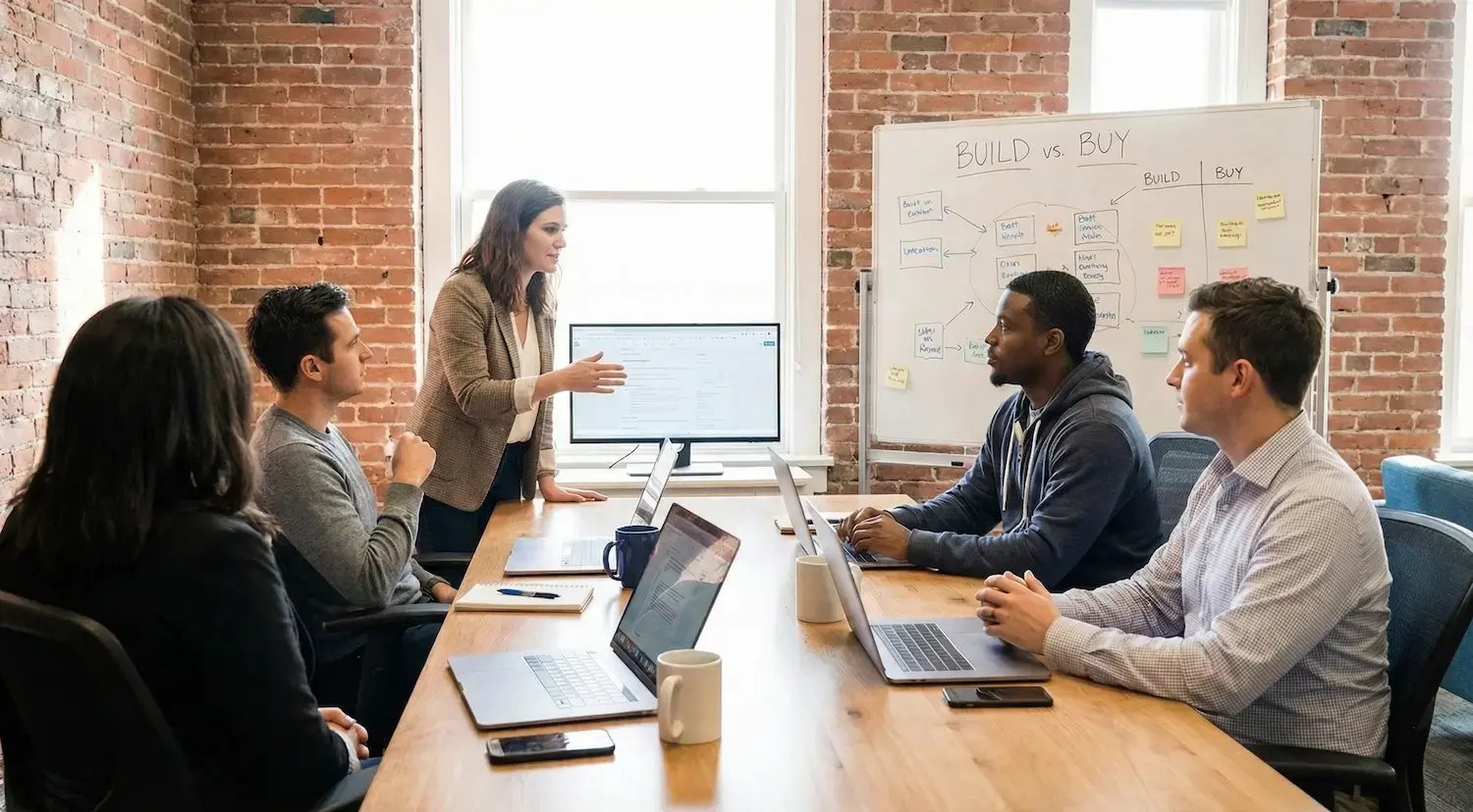 Team meeting in a modern brick-walled office with a woman presenting to colleagues around a table with laptops, while a whiteboard displays a 'Build vs. Buy' comparison diagram with flowcharts and sticky notes.